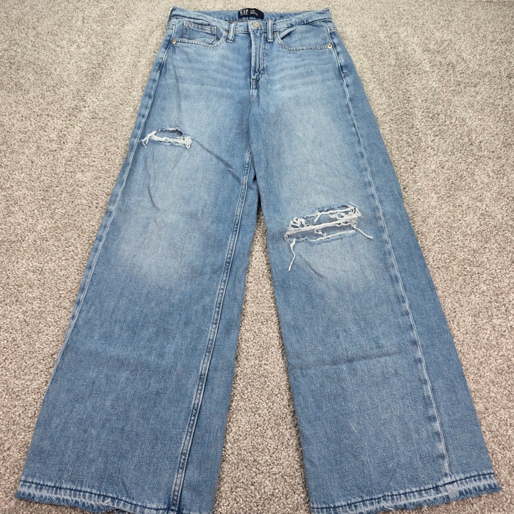 Gap Denim High Rise Wide-Leg Jeans Light Wash Distressed Blue Size 2/26R
